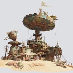 an artistic rendering of a futuristic city on top of a desert hill with lots of junk