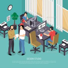 people are working at the computer desk in an office - miscellaneous objects illustrations on separate layers