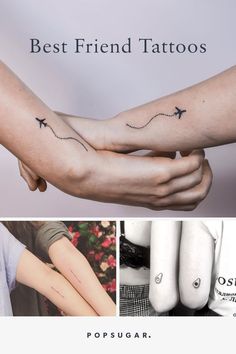 two people holding hands with tattoos on their arms and the words best friend tattoos above them