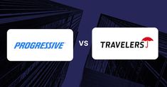 two logos that are next to each other in front of tall buildings with the words progressive and travelers on them