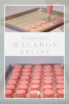 pink macaroon cookies are being made in an oven