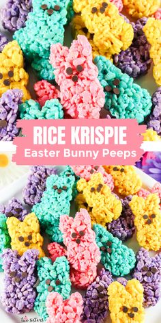 rice krispie easter bunny peeps recipe on a plate with the title above it