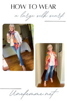 Two outfit ideas with a large silk scarf. Emma J. Shipley large Quetzal silk scarf in the Spring palette. Add color and pattern to your outfit with a silk scarf. Fashion Tips, Red Leopard, Wearing Color, New Wardrobe, How To Wear