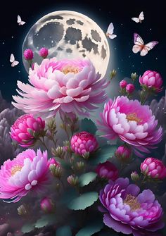 pink flowers and butterflies in front of a full moon