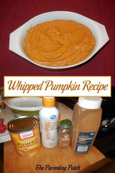 the ingredients to make whipped pumpkin recipe are shown