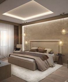 a bedroom with a large bed and lights on the ceiling