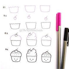 the instructions for how to draw cupcakes on paper with markers and pens,