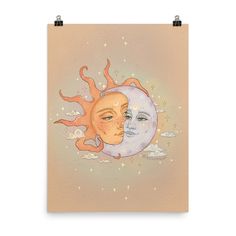 the sun and moon are depicted in this art print, which features two faces on each side