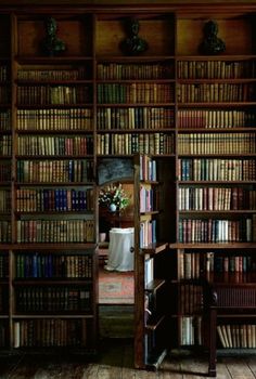 an open bookcase with many books on it and two vases above the shelves