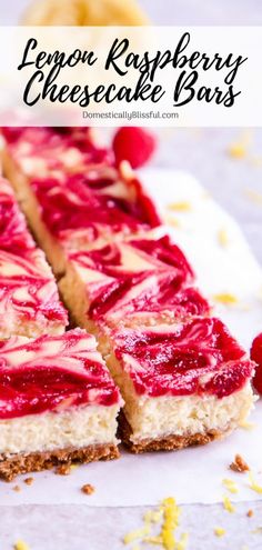 lemon raspberry cheesecake bars are cut into squares and placed on top of each other
