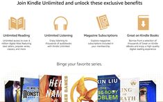 the website for kindle is displayed with an image of books and headphones on it
