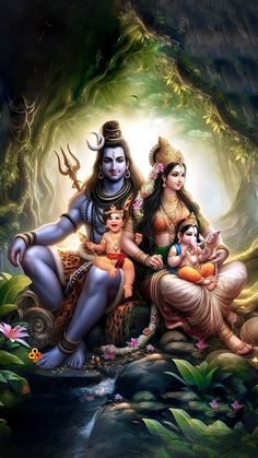 an image of the hindu god and his family sitting in front of a cave with water