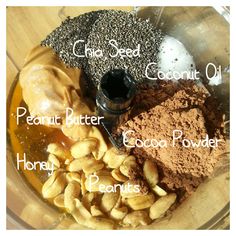 ingredients in a food processor to make peanut butter, cocoa powder and chia seeds