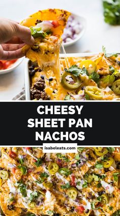 cheesy sheet pan nachos with cheese and vegetables