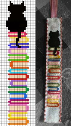 a cross stitch bookmark with an image of a black cat on it's back