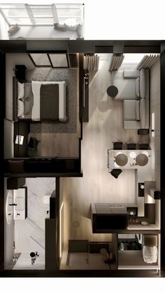 an overhead view of a bedroom and living room