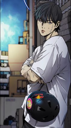 an anime character holding a bowling ball and wearing a white t - shirt with black hair