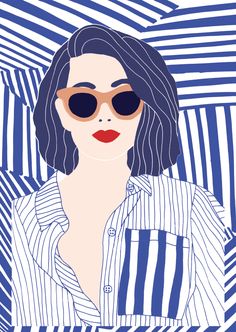 a woman with blue hair and sunglasses in front of an abstract striped wallpaper background