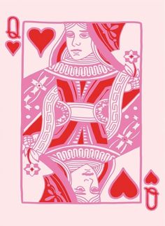 a pink and red playing card with the queen of spades on it's back