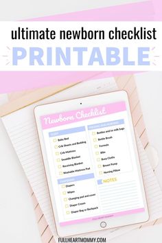 a tablet with the text ultimate newborn checklist printable on it next to an ipad