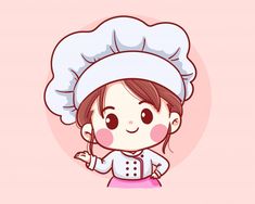 Cute bakery chef girl bienvenido sonriente ilustración de dibujos animados logo de arte. | Vector Premium