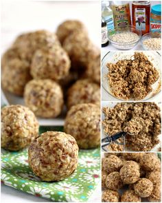 four different pictures showing the process of making oatmeal balls