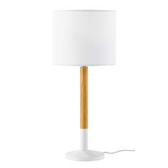 a white lamp with a wooden base and a white shade on the top of it