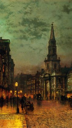 a painting of a city street at night with people walking on the sidewalk and buildings in the background