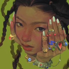 a digital painting of a woman holding her hands to her face with rings on it