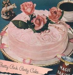 there is a cake with pink frosting and roses on it