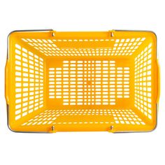 a yellow plastic basket on a white background