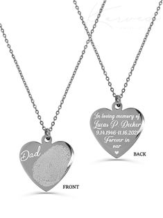 A perfect sympathy gift to remember your special someone. The necklace is engraved with a fingerprint/image/handwriting of your choice on one side and words on the back. Please don't hesitate to message us if you have any questions or ideas! ❤WE SHIP WITHIN 48 HOURS! ❤TO ORDER follow these 3 simple steps: 1) Pick your CHAIN WIDTH and your CHAIN LENGTH in the drop-down menu. Please see photos to get a better idea of the chain to pendant size ratio. Please contact us if a different chain length is Ideas, Ink, Remembrance Necklaces, Remembrance Jewelry, Memorial Jewelry, Heart Fingerprint Necklace, Mom Jewelry, Fingerprint Necklace, Engraved Necklace