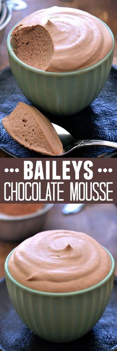 chocolate mousse in a bowl with spoons on the side and another photo showing it
