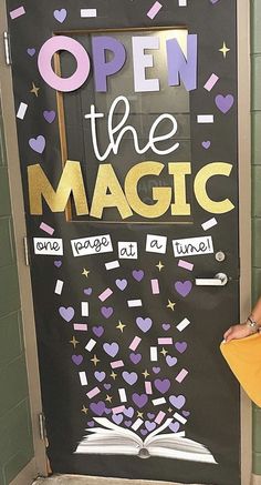 an open the magic door decorated with hearts and sparkles for valentine's day