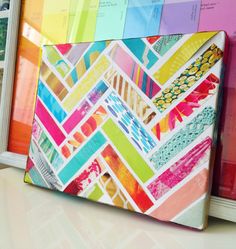 Strips of magazines glued to a canvas.  This is amazing.  Colorful, cute, easy, cheap. Diy, Kunst, Resim, Papier, Creative, Sanat, Knutselen, Artesanato
