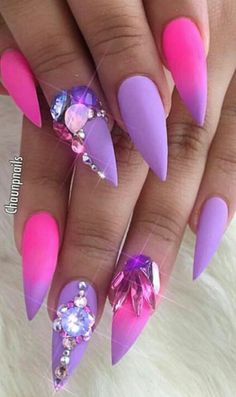 Pink purple rhinestone stiletto nails Nail Ideas, Pink Stiletto Nails, Purple Nail Art Designs, Purple Nail Art