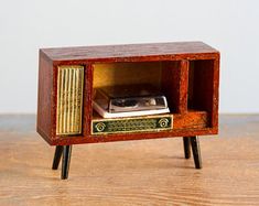 Barton Wood and Plastic Record Player Console - 1:18 Scale Vintage Dollhouse Furniture Miniature, Retro, Record Players, Toys, Record Player Console, Antique Dollhouse, Record Player