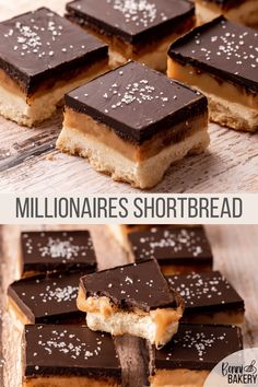 chocolate and caramel shortbreads are stacked on top of each other