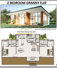 two bedroom granny flat with floor plans and measurements for each room in this house plan