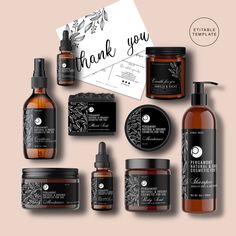 an assortment of skin care products with thank you written on the front and back side