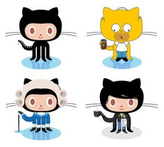 four cartoon cats with different facial expressions on their faces, one is wearing a suit and the other has a tie