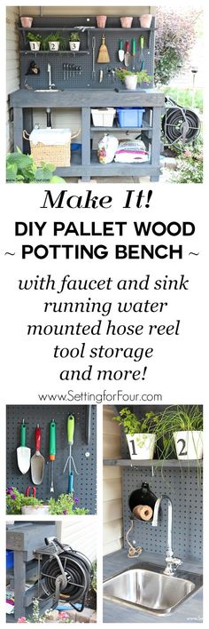 Love to garden? How to make a gorgeous DIY Potting Bench from FREE pallet wood! Has ALL the bells and whistles: a faucet, sink, running water, mounted hose reel, shelves, tool storage, pegboard and more! Free tutorial instructions and supply list included Diy Storage, Diy Potting Bench, Potting Bench With Sink, Potting Bench Ideas, Potting Shed, Garden Tool Storage, Potting Bench, Shed Plans