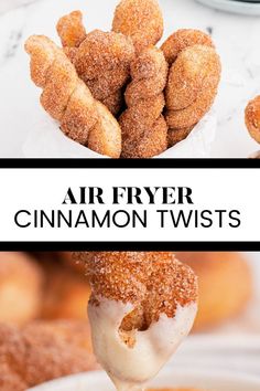 Two image collage of air fryer cinnamon twists. First image is the twists in a white bowl. Second image is a twist being dipped in cream cheese dipping sauce. Doughnut, Dessert, Air Fryer Doughnut Recipe, Air Fryer Recipes Dessert