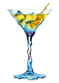 a painting of a martini glass with olives on the rim and lemon wedge in it
