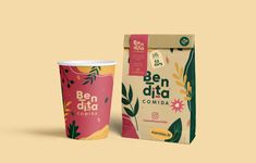 a coffee cup next to a paper bag on a beige background with the word ben data compaa printed on it