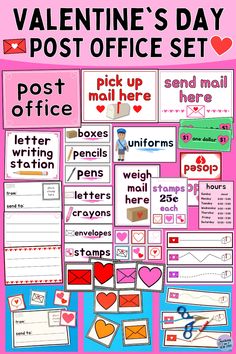 This fun dramatic play set includes signs, labels, and stationary for a Valentine's Day themed post office! Includes 2 additional hands-on preschool Valentine's Day activities for color recognition and fine motor skills. Valentine's Day, Office Signs, Labels, Post Office, Valentines Day Post, Valentines Day Activities, Valentines Day, Post, Office Set