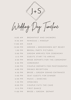 the wedding day schedule is shown in black and white