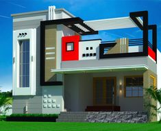 this is a 3d rendering of a modern style house with red and white accents on the roof
