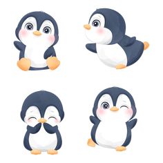 four penguins with different facial expressions on their faces, one penguin is sitting down and the other stands up