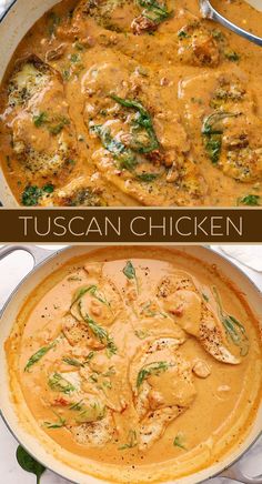 top portion is tuscan chicken in a tan creamy sauce. Bottom portion is a video of Tuscan Chicken being made. Sandwiches, Pasta, Salmon, Tucson Chicken Recipe, Creamy Tuscan Chicken Recipe, Tuscan Chicken Pasta